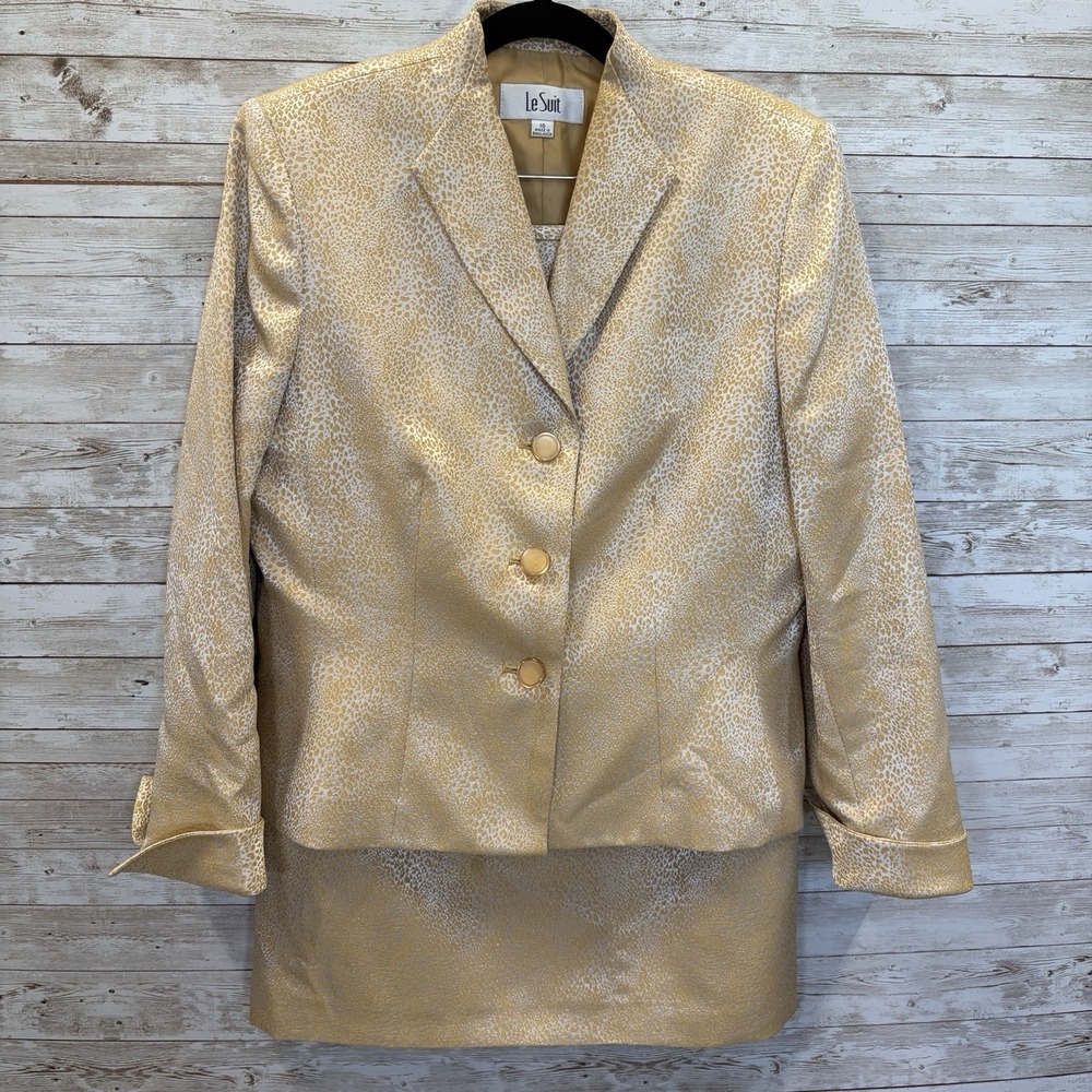Le Suit Womens 10 Skirt Suit Gold Animal Print Blazer 2 Piece Career Y2K